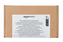 Amazon Basics AA alkaline battery pack box with printed product details