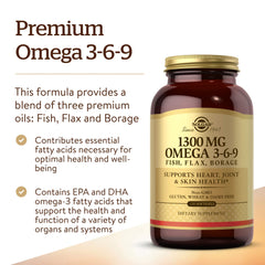 Solgar Omega 3-6-9 Fish, Flax, Borage 1300 mg | 120 Softgels | Supports Overall Health , Joint & Skin Health | Non-GMO, Gluten, Wheat & Dairy Free