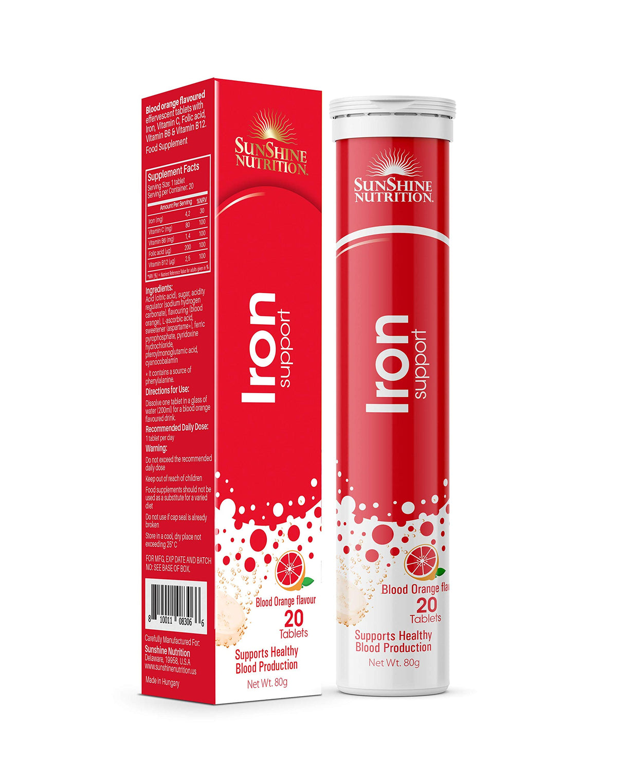 Sunshine Nutrition Iron Support Effervescent 20 Tablets | Support Healthy Blood Production | Orange Flavor | 80 Grams