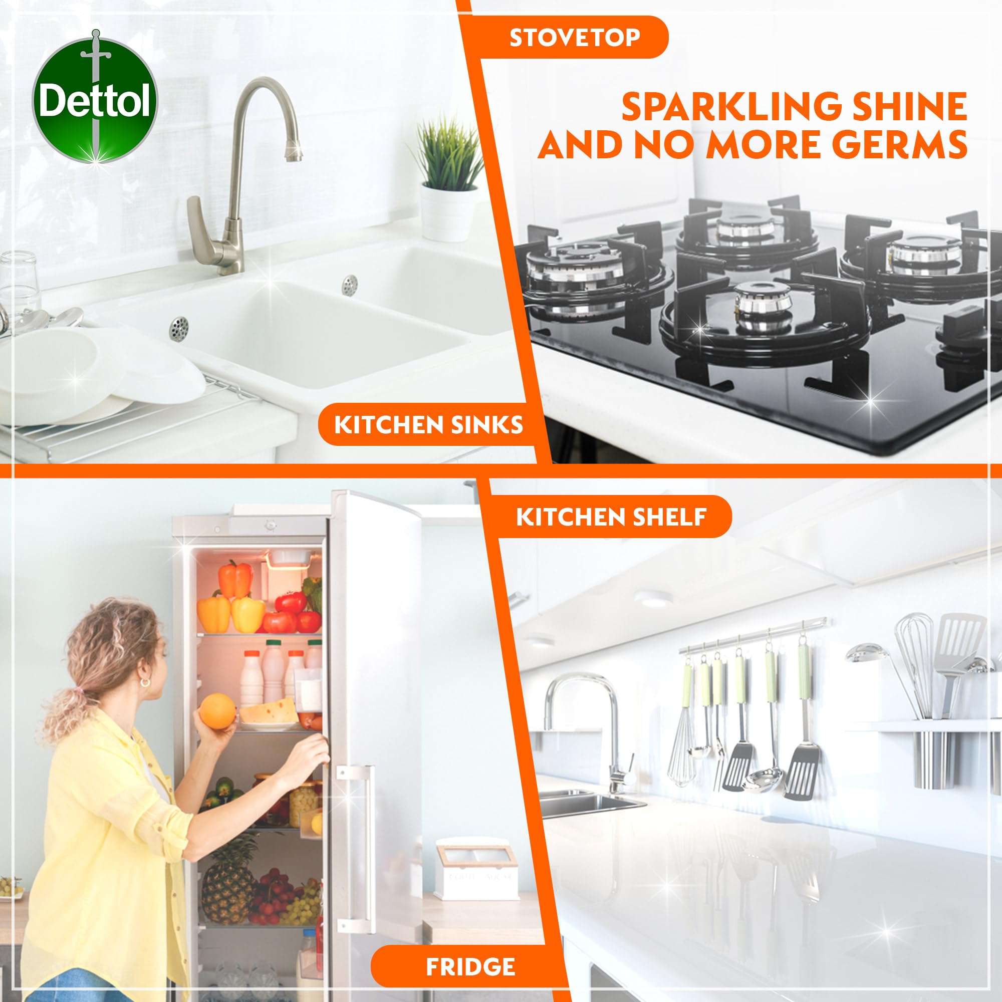Dettol Kitchen Cleaner Spray Bottle, Orange Scent, 500 ml