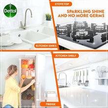 Dettol kitchen cleaner promotional graphic for sinks, stove, shelf and fridge cleaning