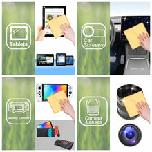Double-sided yellow microfiber cloth for screens, shown with devices