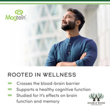 Magtein wellness supplement graphic over man in blue shirt, crossed-arm pose