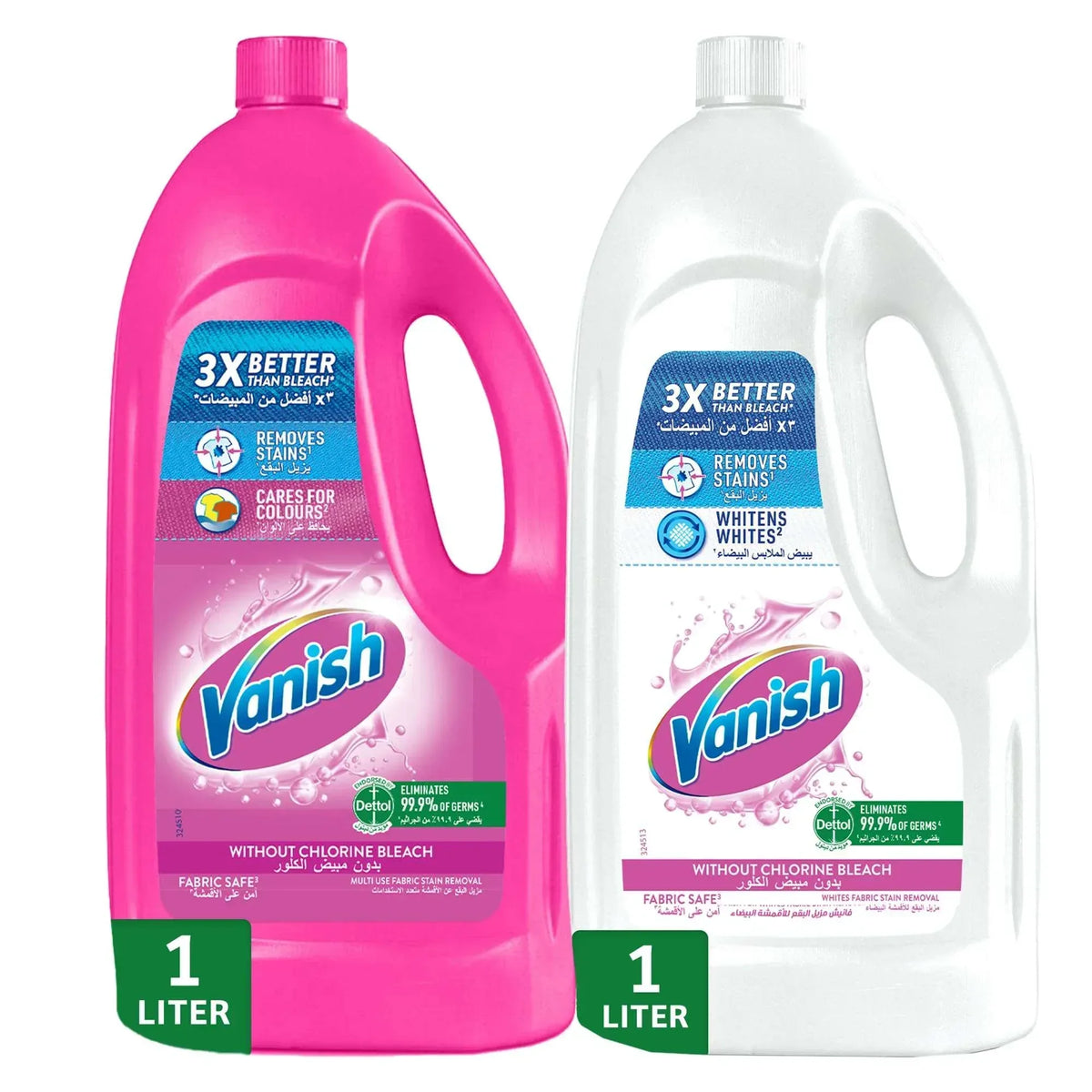 Liquid fabric stain remover bottles, pink and white 1 L packs, with flip-top caps