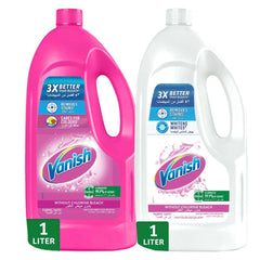 Liquid fabric stain remover bottles, pink and white 1 L packs, with flip-top caps
