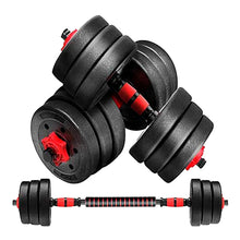 Adjustable dumbbell set with stacked black plates and red stripe accents, bar attachment