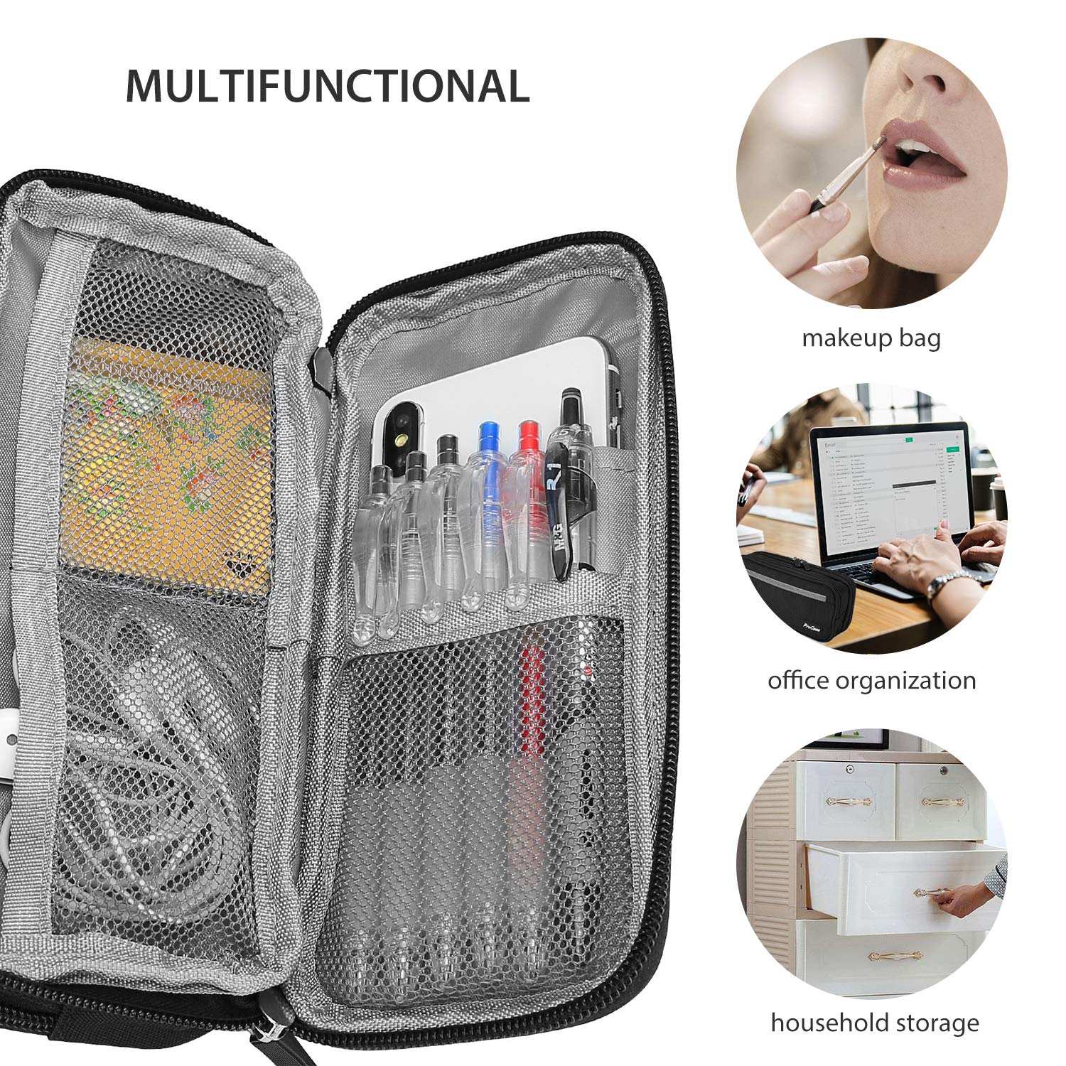Procase 2-Layer Pencil Case, Large Capacity Stationery Bag with Double Zipper for Students and Office Workers