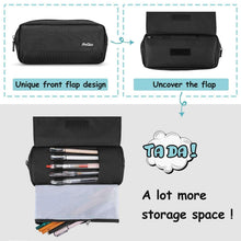 ProCase black pencil case diagram showing open flap and zipped closure