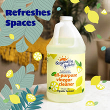 Plant-based all-purpose vinegar cleaner bottle with organic lemon label and white cap