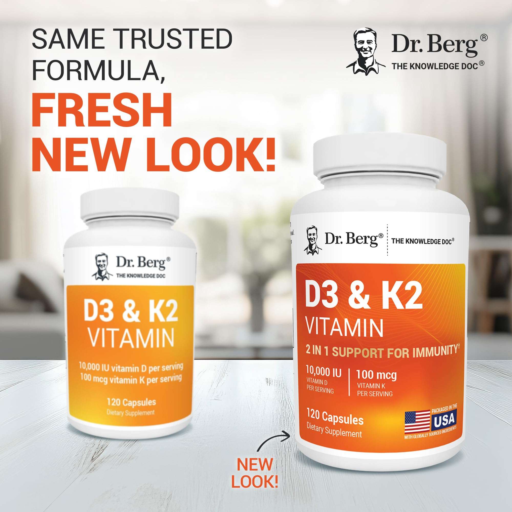 Dr Berg Nutritionals D3 and K2 vitamin bottles with new label design showing 120 capsules D3 K2 vitamin supplement UAE