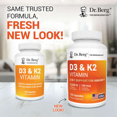 Dr Berg Nutritionals D3 and K2 vitamin bottles with new label design showing 120 capsules D3 K2 vitamin supplement UAE