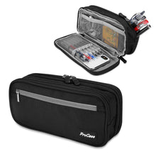 Black two-layer pencil case, opened to show mesh pockets and stationery contents