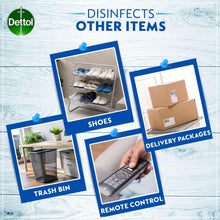 Other items disinfection infographic with Dettol logo, shoes, trash bin, and delivery cards