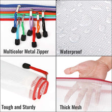Multicolor mesh zipper pouches with metal zipper heads and thick mesh fabric