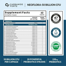 Probiotics Supplement Facts label panel with 60 capsules and 50 Billion CFU per capsule