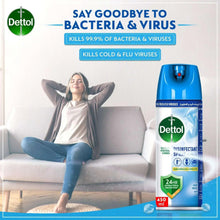 Dettol disinfectant spray bottle on right, 450 ml blue canister with green label