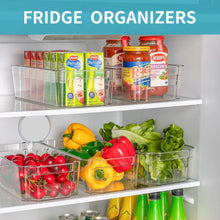 Clear fridge storage bins arranged on shelves, open tops with food contents