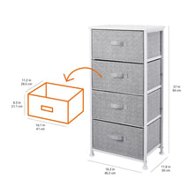 4-drawer fabric storage organizer with grey drawers, shown with dimensions
