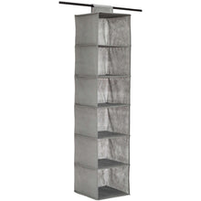 Gray 6-tier hanging closet shelf organizer with fabric compartments and open fronts