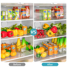 Clear stackable storage bins in a refrigerator, organized contents in open tops