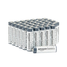 AA alkaline batteries multipack with blue and white labels, stacked in a group of cylinders
