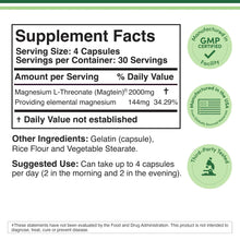 Supplement Facts label for magnesium L-threonate with serving and daily value table