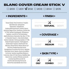 Base de maquillaje en barra Blanc Cover Cream Stick V White - Base de maquillaje coreana que cambia de color con Volufilin - Cobertura media a completa, acabado húmedo, doble punta con brocha extraíble (202 Natural)
