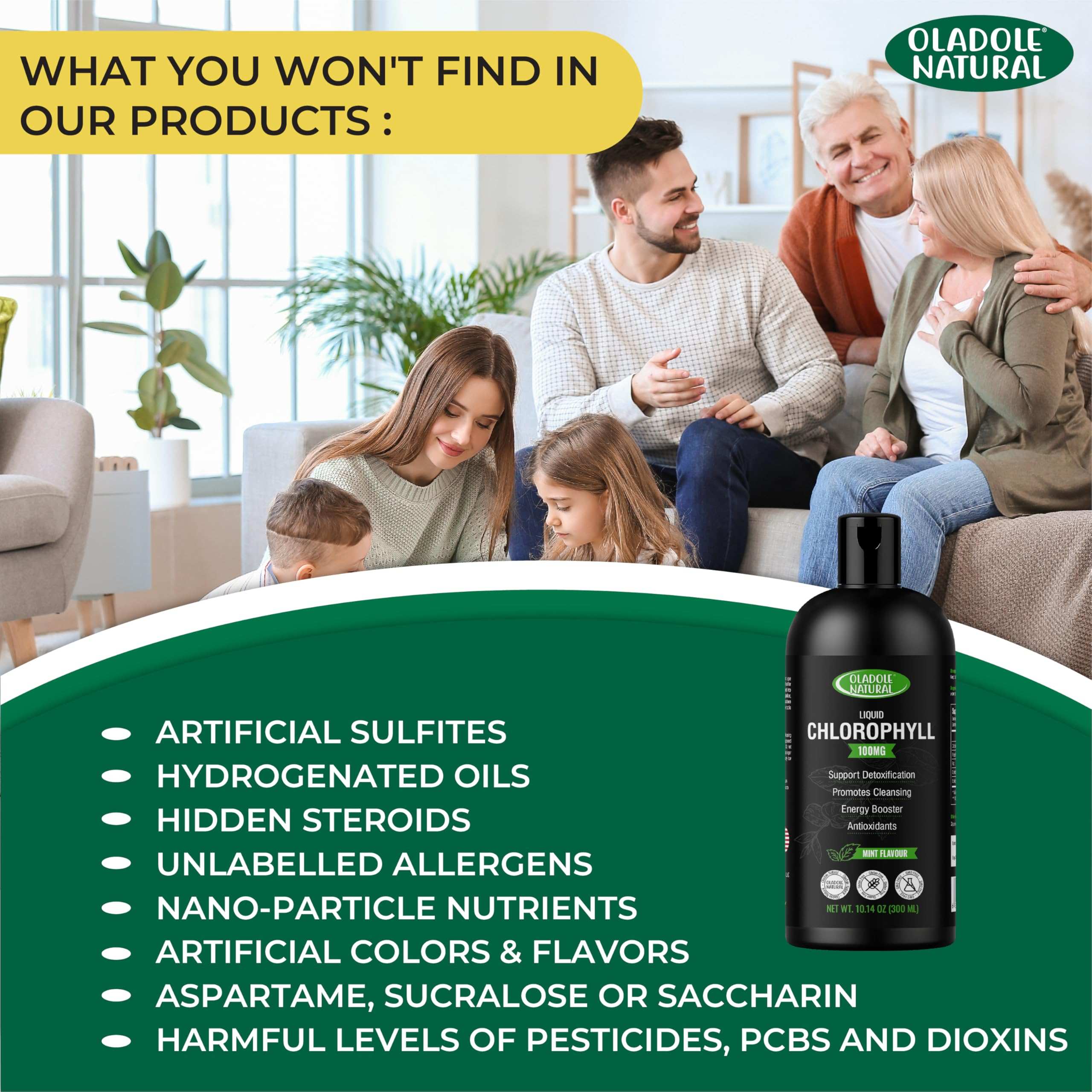 Oladole Natural Chlorophyll Liquid - 300ml Mint Flavor | Pure Green Superfood Supplement for Detox, Energy Boost, Weight Management and a Internal Deodorant | Rich in Antioxidants Non-GMO, Gluten Free