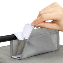 Gray fabric hanging shelf organizer, showing reinforced top frame and side walls