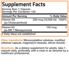 Bronson Vitamin K2 (MK7) with D3 Extra Strength Supplement Bone and Heart Health Non-GMO Formula 10,000 IU Vitamin D3 & 120 mcg Vitamin K2 MK-7 Easy to Swallow Vitamin D & K, 120 Capsules