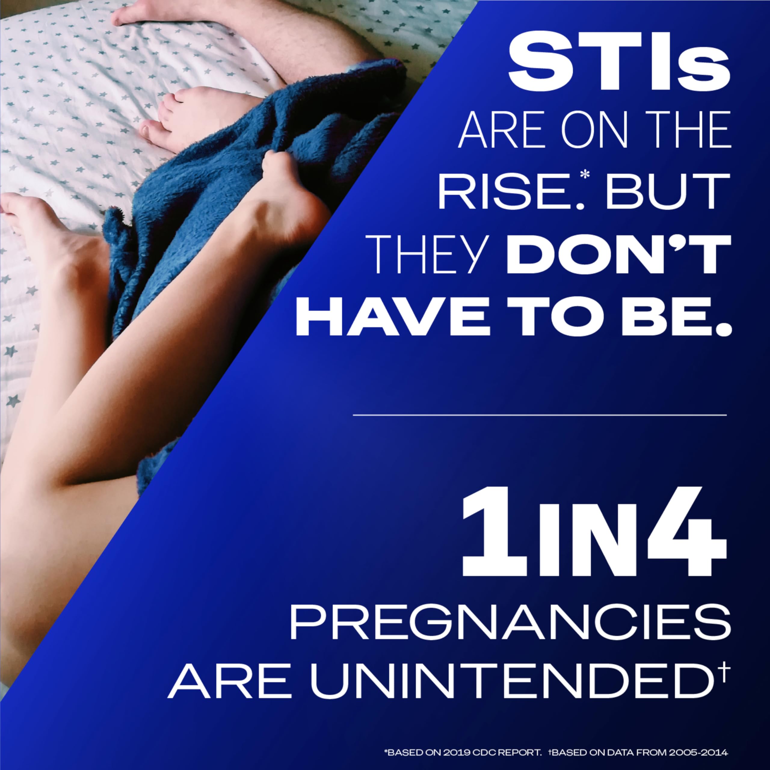 Durex Performax Intense condoms UAE ad showing couple in bed beside blue panel warning STIs rise and 1 in 4 unintended pregnancies