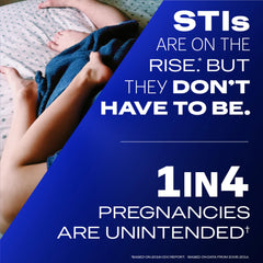 Durex Performax Intense condoms UAE ad showing couple in bed beside blue panel warning STIs rise and 1 in 4 unintended pregnancies