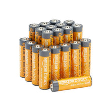 Pack of AA alkaline batteries, multiple orange bodies with gray caps