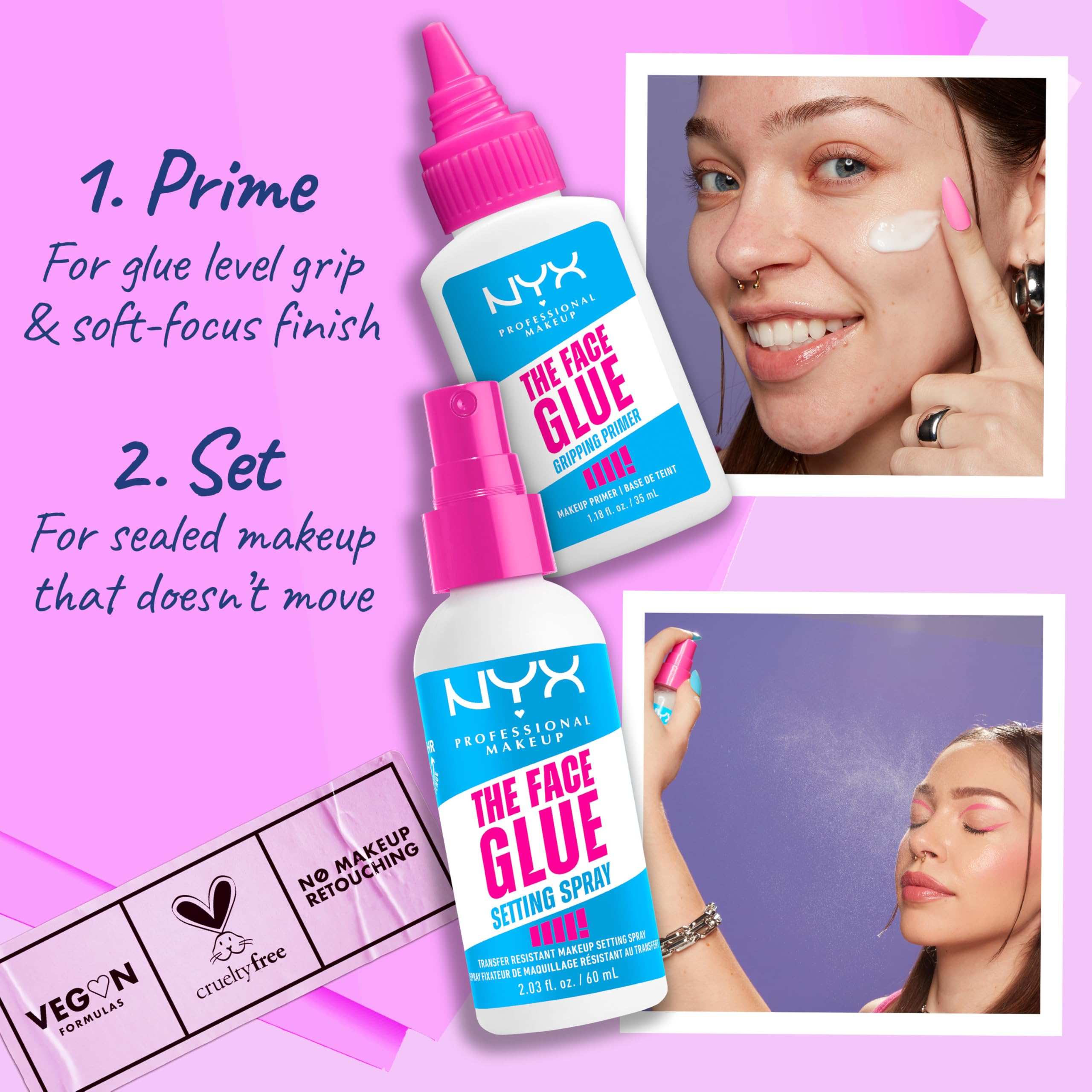 NYX Professional Makeup The Face Glue Setting Spray, Makeup Setting Spray, Upto 24 Hours Makeup Wear, Light-Weight & Long- wear, Transfer-Resistant & Waterproof, 60 ml