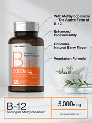 Horbäach B12 Sublingual Methylcobalamin | 5000mcg | 120 Fast Dissolve Tablets | Vegetarian, Non-GMO and Gluten Free Supplement | by Horbaach
