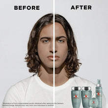 Before-and-after hair thickening with Kerastase bottles and spray