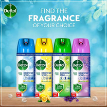 Four Dettol disinfectant spray bottles in blue, yellow, green, and purple, 450 ml labels