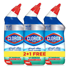 Toilet bowl cleaner 3-pack bottles with red nozzle, blue-and-white labels