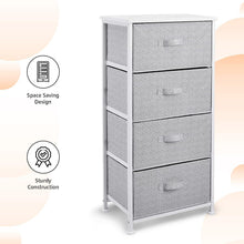 4-drawer fabric storage organizer with white frame, grey drawers, and side panels