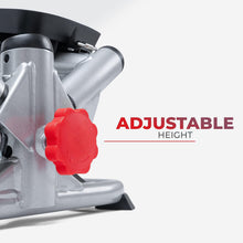 Adjustable mini stepper with red height knob and silver metal frame