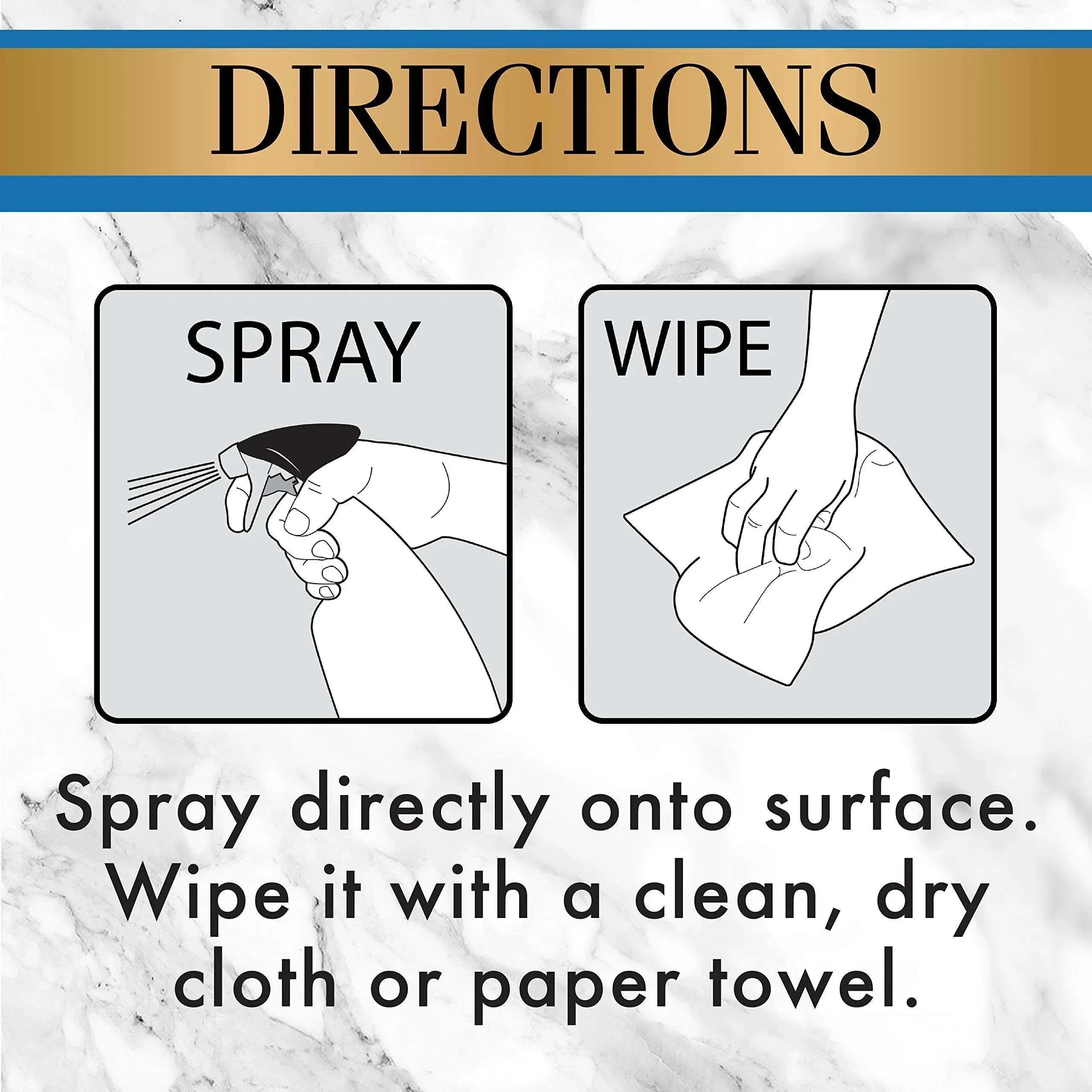 Directions infographic for stone cleaner: spray onto surface, then wipe dry