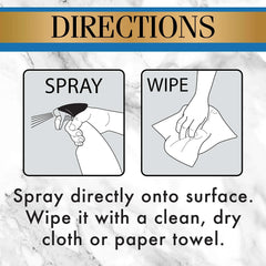 Directions infographic for stone cleaner: spray onto surface, then wipe dry