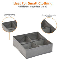 Gray fabric drawer organizer tray with multiple compartments and sturdy outer walls