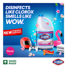 Clorox liquid bleach ad with floral scent bottle, WOW text and game controller