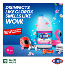 Floral-scent bleach jug with blue cap on a promotional graphic with flowers