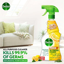 Yellow Dettol all-purpose cleaner spray bottle with green trigger, lemon scent, 500 ml
