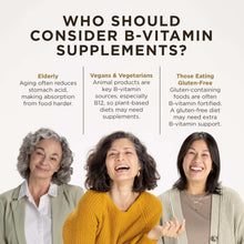 Three adults promoting B-vitamin supplement capsules