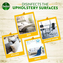 Disinfectant spray promotional graphic showing upholstery surface icons and Dettol logo