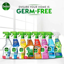 Array of Dettol spray cleaner bottles with green nozzles and colored labels.
