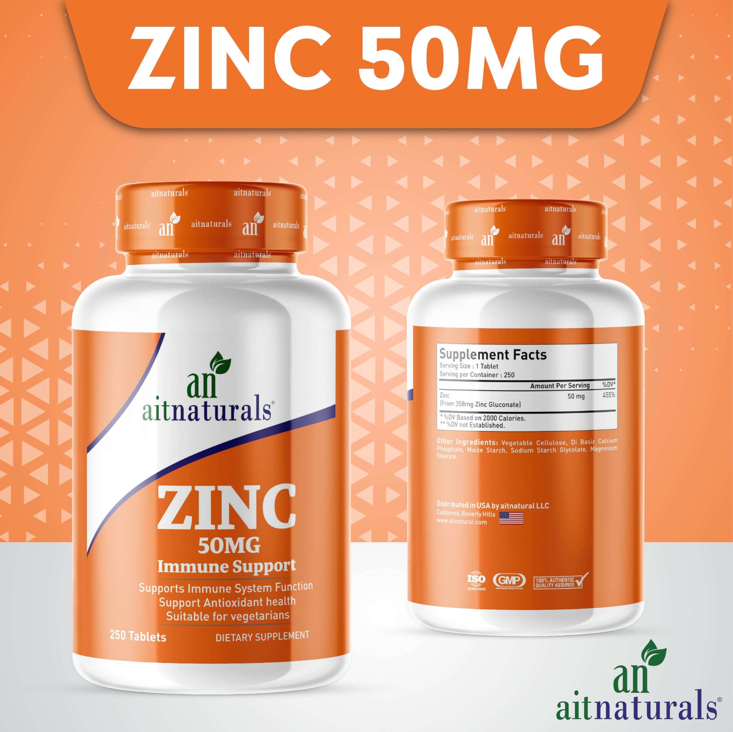 Aitnaturals Zinc Chelated (50mg) - 250 Tablets | Supports Immune System, Antioxidant Health, Restful Sleep, Reduces Oxidative Stress, Enhances Cognitive Function | Zinc for Overall Well-being